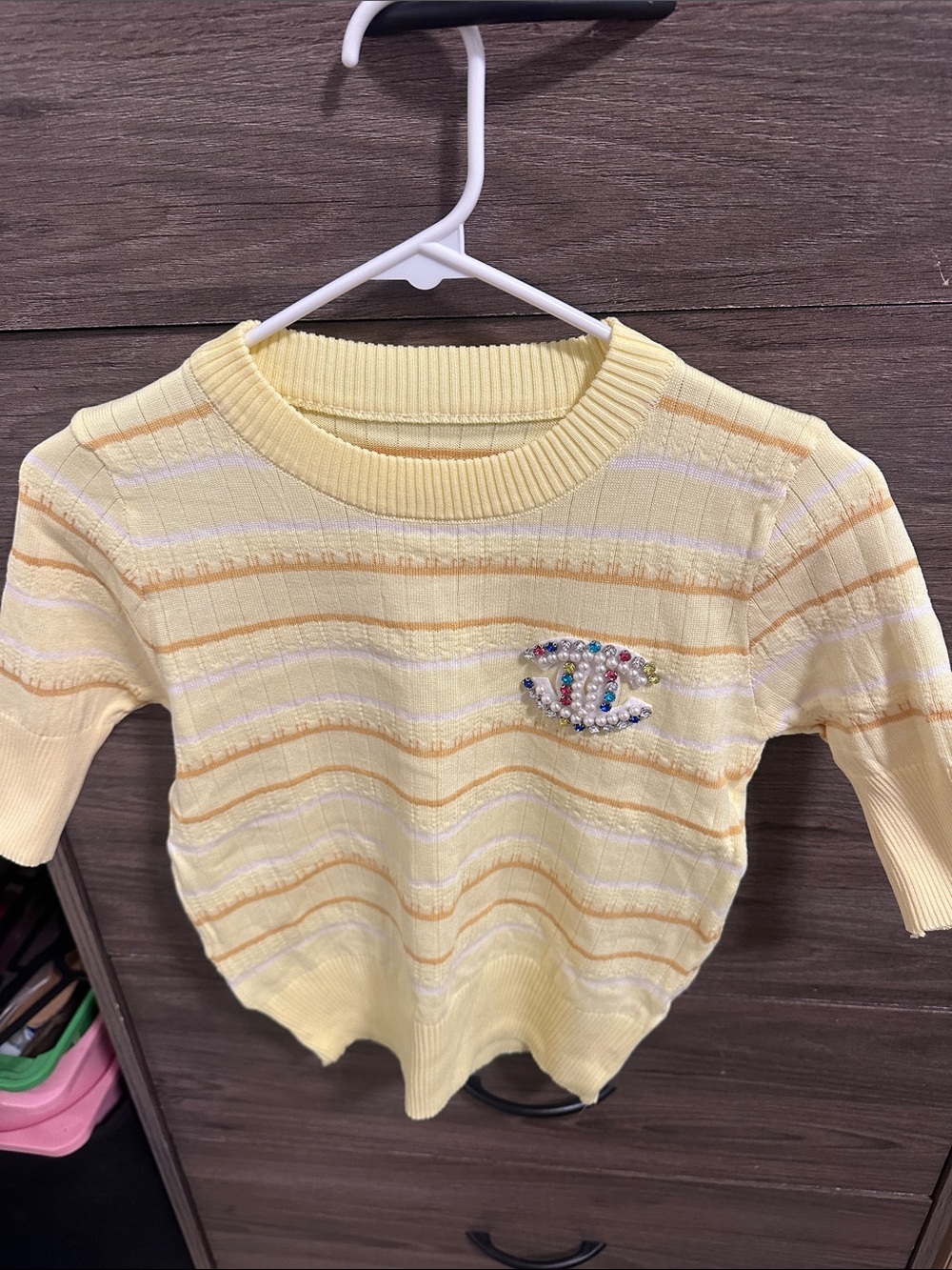 Yellow Striped Short-Sleeve Knit Top size S